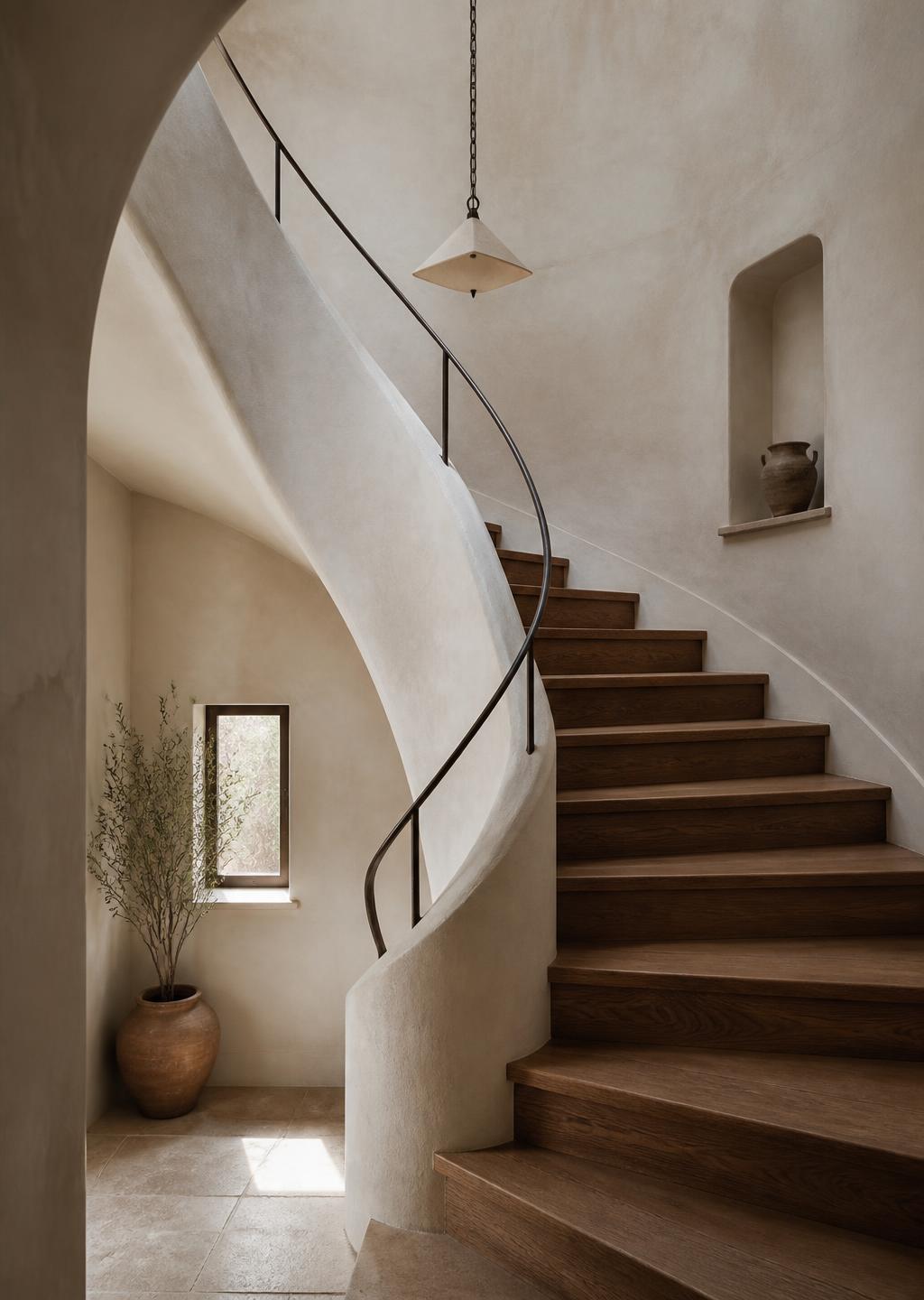 Curved custom staircase with wood treads and a slim metal handrail